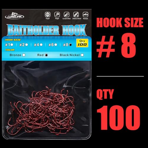Baitholder Fishing Hooks 100 Pack - Double-Barbed Long Shank for Bluegill Bass Trout Walleye Black/Red, 8/0-#8 - color: 1-Red, size: Size:8 100-Pack