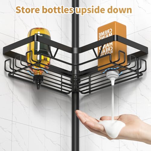 DAOYA Corner Shower Caddy + 2 Soap Holders, 4 Tier Shower Caddy Tension Pole Stainless Steel Black, Extends 25-114.2 Inches, for Bathroom Organizers and Storage, Renter-Friendly and Gift Idea - color: Black-3