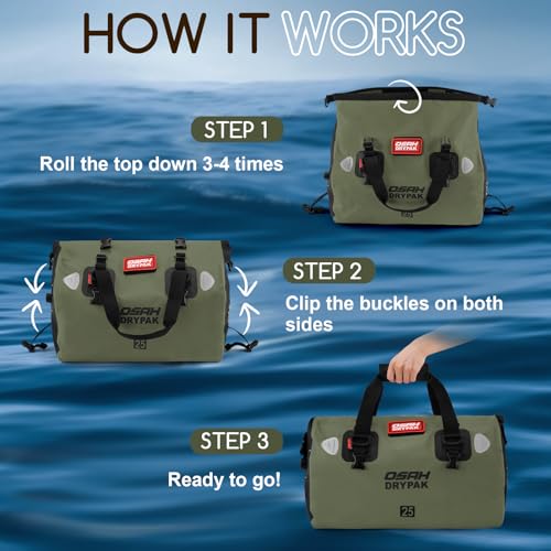 OSAH DRYPAK Waterproof Duffel Bag - Motorcycle Dry Bag Tail Bag with Large Storage Space, Waterproof Luggage Duffle Bags with Outer Mesh Zipper Pocket for Camping, Kayaking, Fishing & Traveling - color: Olive, size: 60L