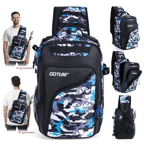Goture Camouflage Fishing Tackle Bag, 1680D Water-Resistant Sling Fishing Backpack with Rod Holder, Anti-Slip Waist Strap, Tackle Bag with 3 3600 Trays, Fishing Gifts for Men Saltwater Freshwater - color: Blue Camouflage, style: 1680d Double-strand Pu Bac