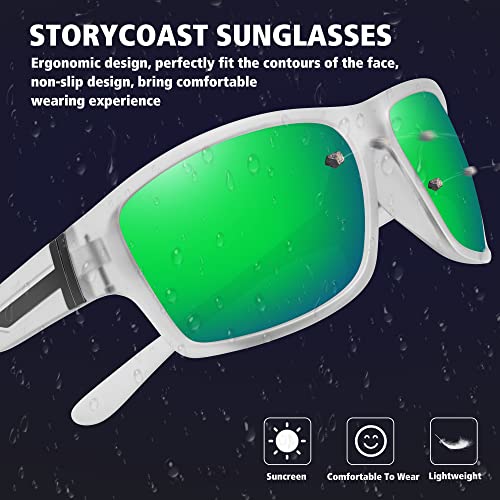 STORYCOAST Polarized Sports Sunglasses for Men Women Unbreakable Frame Cycling Fishing Driving - color: Matte Clear Frame-green Mirror Lens