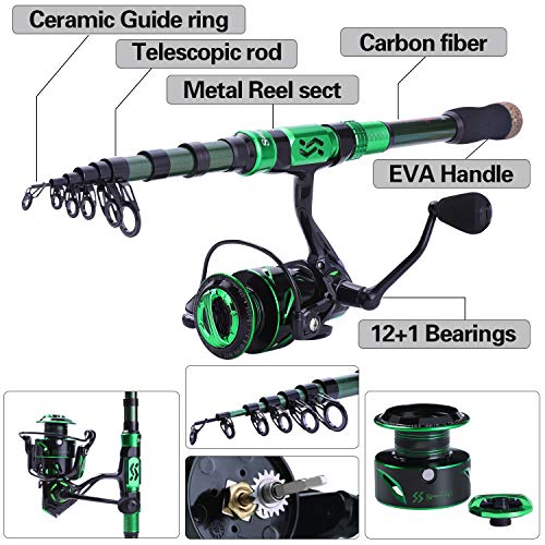 Sougayilang Fishing Rod and Reel Set Carbon Fiber Telescopic Fishing Rod 12+1BB Spinning Reel with Carry Case for Saltwater Freshwater - color: green, size: 8.78 ft - 4000