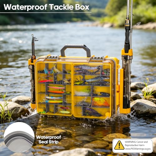 THKFISH Waterproof Double Side Tackle Box, Portable Storage Box with 2 Pack 3500 Stowaway Boxes & Rod Holders, Fishing Lure Organizer YellowPink/Green/Blue/Grey (L-Yellow) - color: L-Yellow
