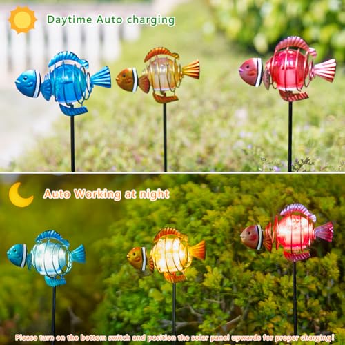 Fish 3Pack 21.3''H Outdoor Figurine Lights, Multicolor Clownfish Solar Garden Decor with Led Lights, Decorative Garden Stake for Yard, Patio, Lawn - color: Fish 2-3Pack