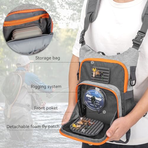 QulayQualy Fly Fishing Pack - Chest Pack with Work Station Lightweight Tackle Fishing Bag with Quick-Release - color: Orange & Grey, size: L-12''