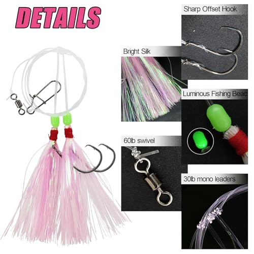 Eupheng Fluke Flounder Hi-Lo Rig, 3/0 5/0 5PCS Saltwater Fishing Bait Rigs with Mylar Teaser for Surf Ocean Fishing Sea Bass Halibut Rockfish Cod - size: Circle Hook-#3/0-5PCS