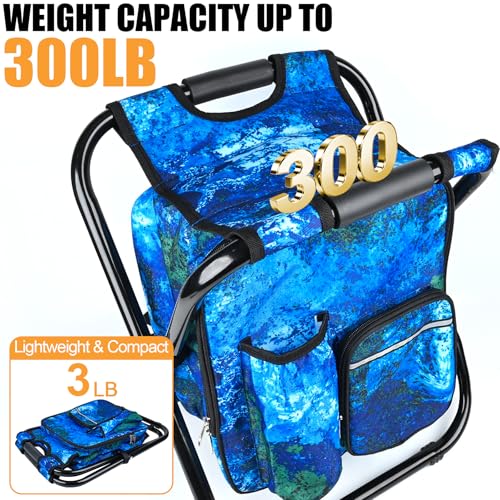 Kikerike Backpack Stool Cooler Chair Heavy Duty 300 LBS Max Load Portable Lightweight Stool Backpack Folding Fishing Cooler Seat for Camping Hunting Fishing - Ocean - color: Ocean