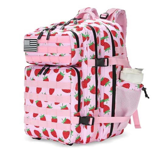 Lovelinks21 25L Tactical Military Backpack Small Travel Rucksack for Men and Women Assault Pack Bug Out Bag Molle Daypack Gym Backpack with Bottle Holder (Strawberry) - color: Strawberry