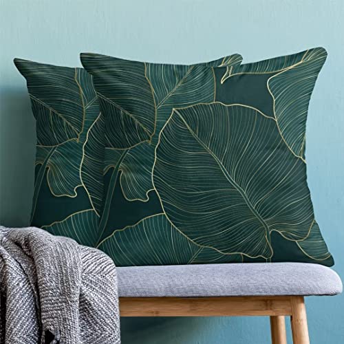 AEIOAE Tropical Leaves Pillow Covers 18 X 18 Inch Set of 2, Emerald Green Minimalist Geometric Palm Leaf Throw Pillow Covers Plant Outdoor Decorative Pillows for Couch Home Sofa Summer Decor - color: Tropical Leaves, size: 18" x 18" (Pack of 1)