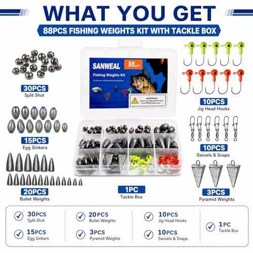 SANWEAL Fishing Weights Sinkers Kit, 88PCS Freshwater Fishing Tackle Starter Kit with Bullet Sinkers, Split Shot Weights, Pyramid Sinkers, Jig Head Hooks & Swivels for Bass Trout Panfish - style: Pro Kit 88 Pcs/15 Types