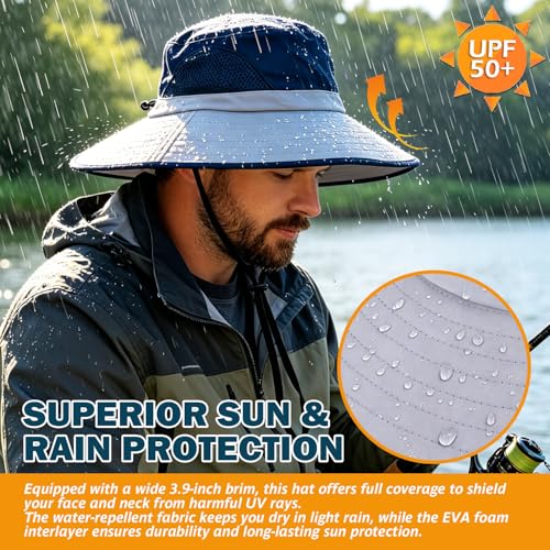 Wide Brim Sun Bucket Hat, Waterproof Boonie Hat for Men & Women | UPF 50+ UV Protection, Adjustable Fit, Chin Strap & Sweatband, Foldable Durable for Fishing Hiking Garden Beach - color: 02 Light Grey+navy Blue