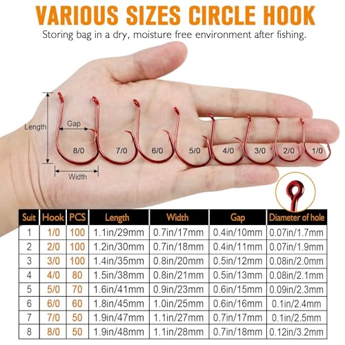 Dovesun Circle Hooks for Catfish 2X Strong 100PCS Catfish Hooks Octopus Circle Hooks Saltwater and Freshwater Black & Red Size 1/0-8/0 - color: Red, size: 7/0*50PCS