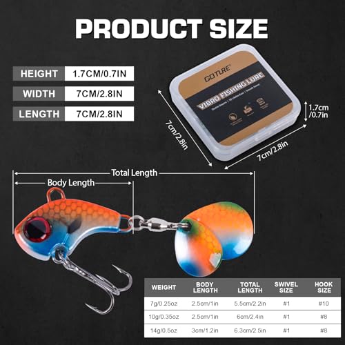 Goture Fishing Lures VIB Tail Spinners Bait Set, Two-Way Spinning Spoon System with Kona Treble Hook, Fixed Tube Anti-Tangle, 3D Eyes Sinking Lures with Tackle Box, Fishing Jigs Fishing Spinner Blade - color: B: 1/2 oz - 4 Pcs with Box