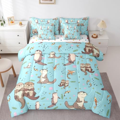 Erosebridal Cartoon Comforter Set with Sheets King Size Sea Otters 7-Piece Bedding Set for Kids Boys Girls Leaf Lap Otter Kawaii Cute Starry Rustic Beige Blue Lightweight Bed in A Bag - color: Beige Blue, size: King