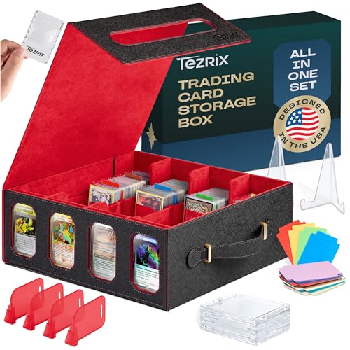 4-Row Mtg Trading Card Storage Box With Display Windows - Magnifier Ruler, 2 Display Stands, 6 Cardholders - 3000+ Card Case With Magnetic Closure, Sports TCG Card Organizer - Red Card Boxes - color: Black, Red (4 Row)