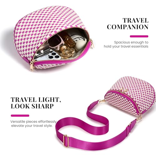 Woven Vegan leather Crossbody Bags For Women, Checkered Fashion PU Bum Bag Waist Pack, Travel Sling Purse with Adjustable Strap（Rose) - color: White and Rose