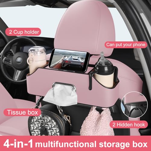 Car Rear Backseat Extra Multifunctional Drink Cup Holder Organizers with Tissue Storage Box Organizer & Hooks for Car Seat Back. Pink - color: Pink