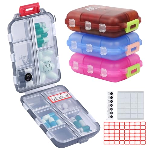 4PS Travel Pill Organizer with 164 Slice Labels，10 Compartments Travel Pill Box Portable Folding Small Pill Case Daily Pill Container Used for Carry Storage Medicine Organizer By M MUchengbao - color: Dark Red + Gray + Pink + Blue