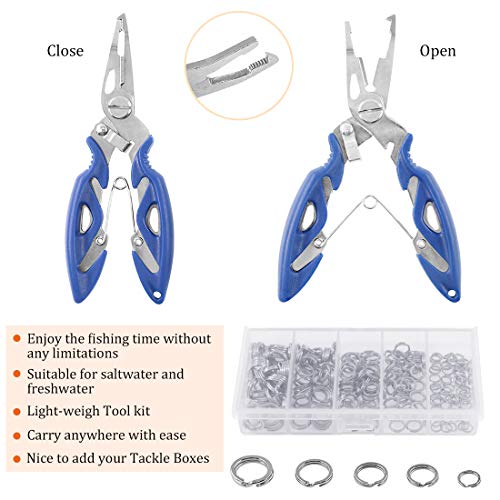 201 Pcs Stainless Steel Fishing Split Rings 5 Sizes Double High Strength Lure Tackle Connector kit with Fishing Pliers Fish Hook Remover Fishing Tackle for Freshwater and Saltwater