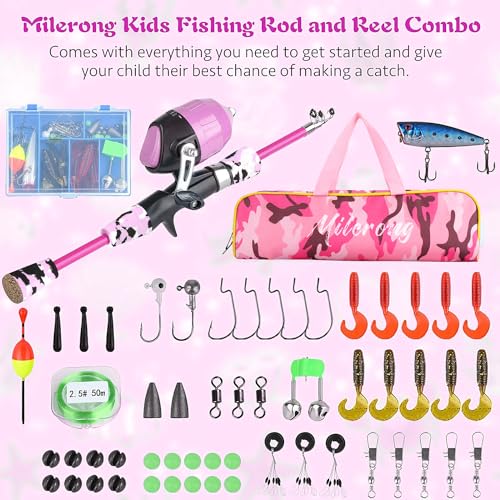Milerong Kids Fishing Rod, Kids Fishing Pole Portable Telescopic Fishing Rod and Reel Combo Kit for Boys, Girls, Youth - with Spincast Fishing Reel, Fishing Tackles, Fishing Lures, Fishing Lines - color: Pink Fishing Rod Set 1.2m