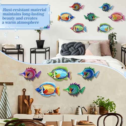 Tandefio 8 Pcs Metal Wall Decor Wall Art Hanging Decorations Outdoor Indoor Sculptures for Garden Fence Pool Home Porch(Colored Fish) - style: Colored Fish