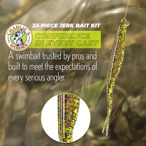 Charlie's Worms Bass Lures Freshwater Fishing Lure - Scented Artificial Softbait for Freshwater & Saltwater Bass Fishing, Swimbait, Softbait - style: Jerkbait (23-piece)