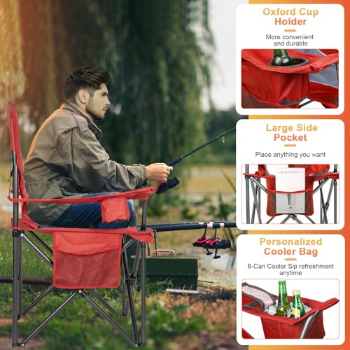 Romswi Oversized Camping Chairs,Heavy Duty Support 500 LBS,Padded Back & Arm Sport Chairs, Cup Holder Cooler Bag, Collapsible Folding Chairs for Outdoor, Fishing & Garden, Red,2-Pack - color: Red, style: XL Large