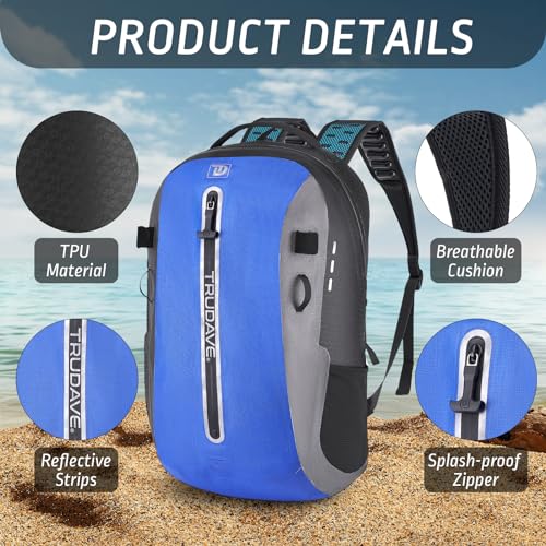 Trudave Waterproof Backpack, Waterproof Submersible Backpack, Floating TPU Coated Dry Bag with Airtight Zipper for Kayak, Fishing, Boating, Hiking (30L) - color: Blue, size: 30L