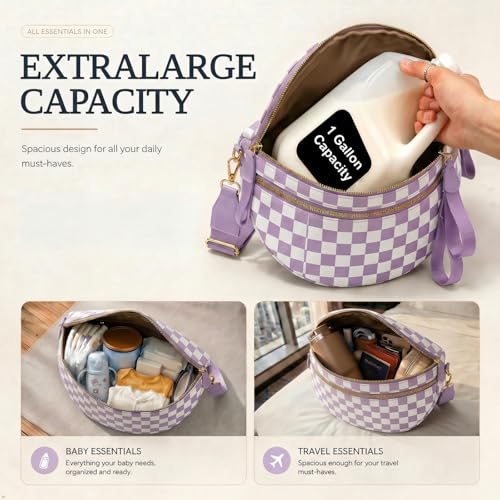 Womens Crossbody Bag, Spacious Nylon Bum Bag Trendy Shoulder Purse with Adjustable Strap Zipped Travel Essentials - color: 11a-purple