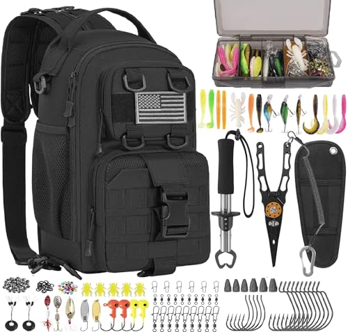 GMAK Fishing Backpack with Tackle Boxes, Fishing Sling Tackle Backpack Bag for Fish Gear With Rod Holder, Fish Kits Gifts for Men Women with Lures, Pliers, Lip Gripper, Black Kit - color: Black, size: Standard, style: Sling Backpack With Fishing Tools