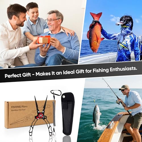 Fishing Pliers with Innovative Ergonomical Handle, Corrosion Saltwater Resistant,Fishing Multitool Hook Remover Braided Fishing Line Cutting, Split Ring with Coiled Lanyard and Sheath - color: Red&black-7.28"