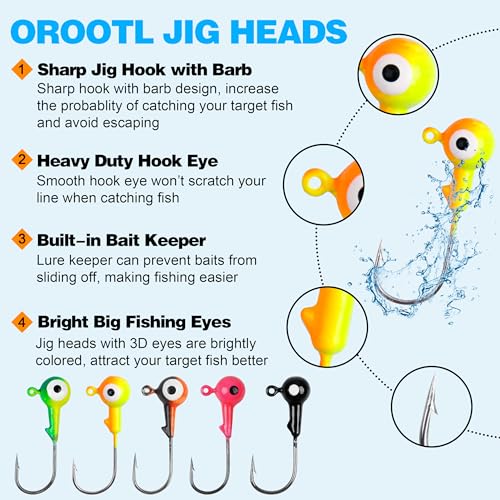 OROOTL Fishing Jig Heads Hooks Set, 60pcs Assorted Round Jig Head with 3D Eyes Painted Jig Heads for Crappie Bass Walleye 3/8oz 1/4oz 1/8oz 1/16oz 1/32oz Saltwater Freshwater Fishing Tackle Kit