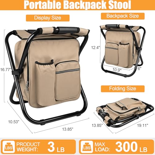 Kikerike Backpack Stool Cooler Chair Heavy Duty 300 LBS Max Load Portable Lightweight Stool Backpack Folding Fishing Cooler Seat for Camping Hunting Fishing - Sand - color: Sand