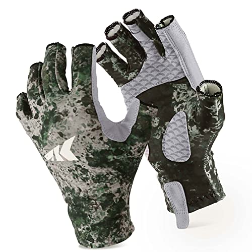 KastKing La Sal Fishing Gloves UPF50+ Sun Gloves UV Protection Fingerless Gloves Men Women for Outdoor, Kayaking, Rowing, Paddling, Canoeing, Hunting - color: C: Boulder Camo Origins, size: Large-X-Large