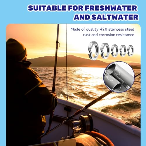 5 Sizes Fishing Split Rings Assortment Kit Stainless Steel Double Flat Lure Tackle Connector 30lb to 120lb Test for Trolling Jigging Offshore