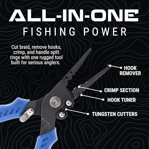 Reaction Tackle Fishing Pliers, Stainless Steel Saltwater Pliers with Braid Cutter, Hook Remover and Crimper, Teflon Coated with Sheath and Lanyard - size: 7" Split Ring