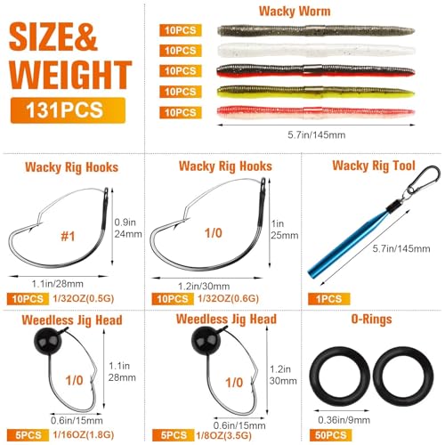 Dovesun Wacky Worm for Bass Trout Fishing Worms Kit with Soft Plastic Baits, Weedless Hooks, Bass Hooks,Weedless Jig Head, Wacky Rig Tool, O-Rings, Weight 152Pcs/131Pcs/50Pcs - color: C-131PCS Wacky Worms & Fishing Hooks Kit