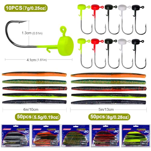 Soft Plastic Worm Bass Fishing Lures, 4"/5" 50/100pcs Plastic Fishing Lure Wacky Worm Rig + 10pcs Grub Baits Hook, Soft Worms Lure Set for Bass (110 Pack) - color: 059-110PCS-4/5 Inch