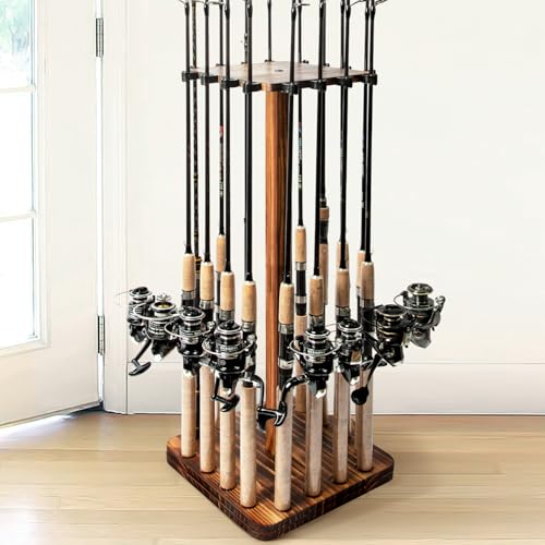 Ghosthorn Fishing Rod Holders for Garage 360 Degree Rotating Fishing Pole Rack, Floor Stand Holds up to 16 Rods Wood Fishing Gear Equipment Storage Organizer, Fishing Gifts for Men Women - style: nospin
