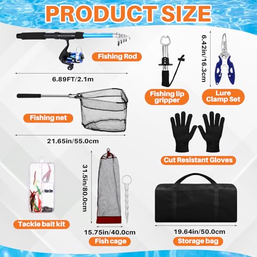 MiniInflat Telescopic Fishing Rod and Reel Combo, 6.89ft 2pcs Collapsible Rod with Plier Lip Gripper Lures Carrier Bag Pre-Loaded Spinning Reel Saltwater Freshwater Fishing Pole Kit - color: Blue