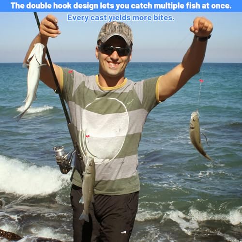 12 Pcs Double Drop Saltwater Fishing Rig - Pre-Tied 2 Hook Bottom Fishing Rigs with Swivels and Snaps - 90lb Mono Leader Line for Snapper, Bass, Mackerel, Catfish, Surf Pier Boat