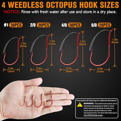 Dovesun 30/20PCS Weedless Hooks Weedless Circle & Octopus Hooks for Catfish Bass Fishing Weedless Fishing Hooks for Saltwater Freshwater Catfish Hooks Size 1# 2/0 4/0 6/0 8/0 - color: Red-Octopus Hook, size: 6/0-20PCS