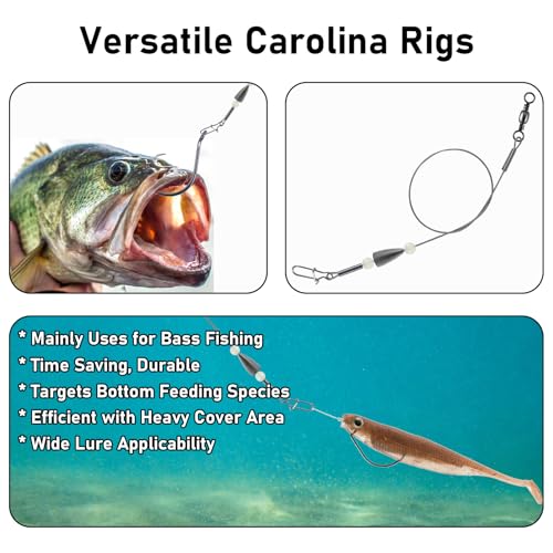 Dr.Fish 15 Pack Carolina Ready Rigs 10'' for Bass Fishing, Freshwater Fishing Wire Leader Line Pre-Rigged Bullet Sinker Swivels - color: Lead Weights, size: 1/4oz-15 Pack