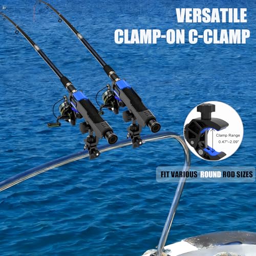 VEXPLO Fishing Rod Holder for Boat, Clamp on Fishing Pole Holders for Boats Fit Round Tube, Secure Rod Holders with Protective Bungee Cords and Sliding Loop for Anglers Gift
