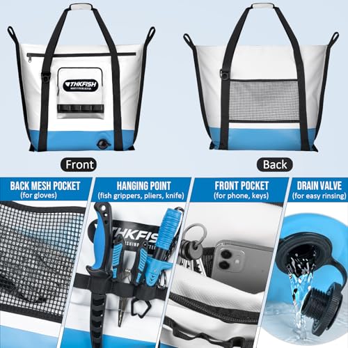 THKFISH Insulated Fish Cooler Bag, 25x17.5in Portable Soft Cooler Bag for Caught Fish, Travel, Beach, Camping, Picnic, Lunch, Fishing, 24HR Cold Retention(White-Blue) - color: White-blue-25x17.5x8.6"