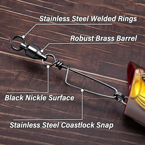 Alwonder Fishing Snap Swivels, High Strength Ball Bearing Swivel with Stainless Steel Coastlock Snap 26-503LB, Black Nickel Coating Corrosion Resistance Freshwater Saltwater - size: #1-35LB-10pcs-Extra Inventory