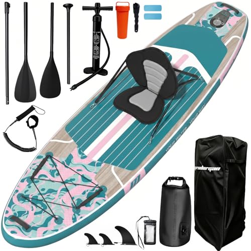 11ft Inflatable Stand Up Paddle Board, Wood Grain Ultra Lightweight SUP, 430lb Capacity for Adults Youth Family, for Fishing Surfing Camping, Includes Backpack & Pump - color: Pink Grained Grey Wood with Seat