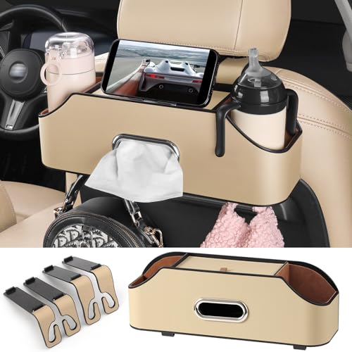 Car Rear Backseat Extra Multifunctional Drink Cup Holder Organizers With Tissue Storage Box Organizer & Hooks For Car Seat Back.Beige - color: Beige