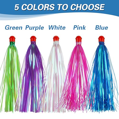 Mylar Skirt Trolling Lures 5.2in Fishing Mylar Skirts Trolling Teasers 3/8 oz Weighted Bullet Head Skirted Trolling Lures with Through-Hole for Mahi Tuna Wahoo Offshore Fishing - color: Blue_8pcs