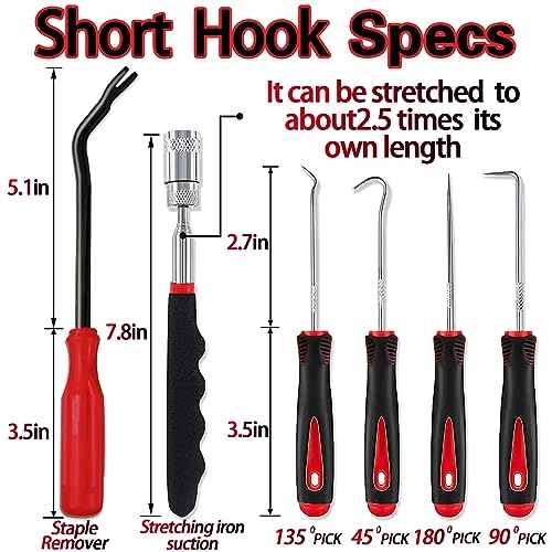 KEZE 15Pcs Carbon Steel Precision Pick & Hook and Trim Removal Tool Set with Scraper and Magnetic Telescoping Tool Kit for Remove Automotive Electronics Maintenance Hoses Gasket Hand Pick Up Tools - color: Red-15 Hook and Pick Set